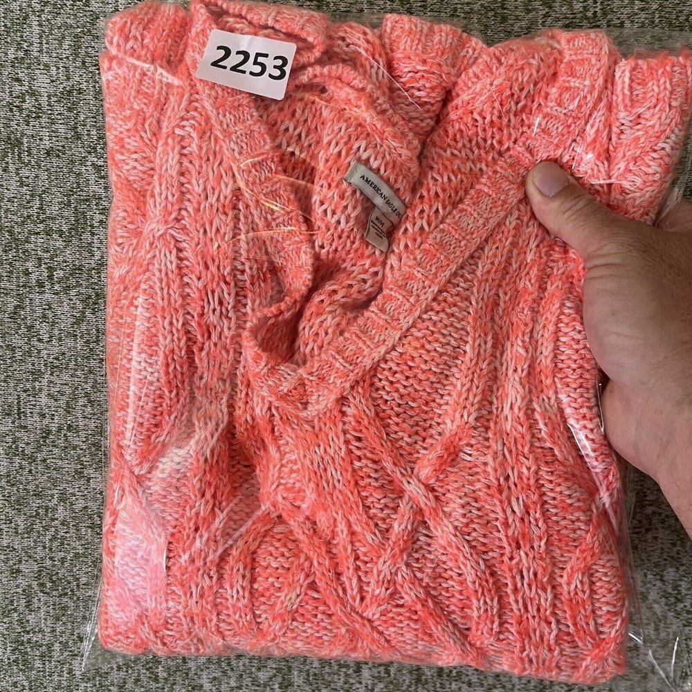 American Eagle Sweater Womens Medium Neon Orange Open Knit V Neck Tunic College - Picture 11 of 11